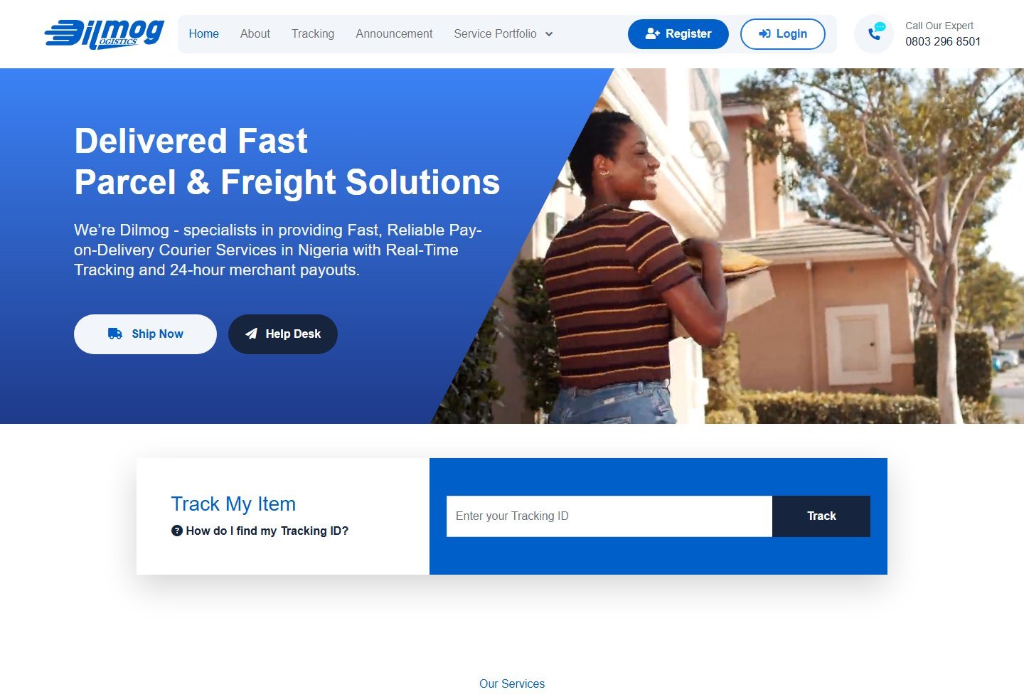 Dilmog homepage with parcel tracking and merchant tools